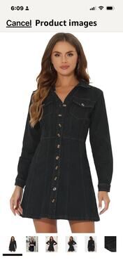 Allegra K Women's Denim Dress Button Down Collar V Neck Long Sleeve Black Sz M